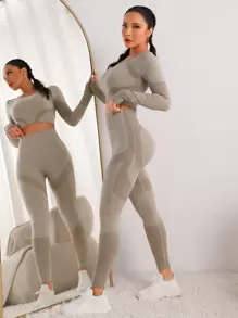 Easithlete Seamless High Stretch Thumb Holes Sports Tee & Leggings Workout Women Set - Khaki - View 6