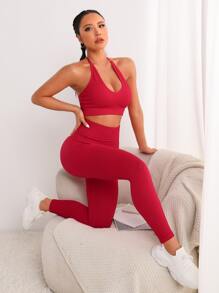 Easithlete 2入組羅紋無縫高彈力瑜伽套裝競技套裝套裝吊脖胸罩和緊身打底褲 - 紅色 - 查看 1