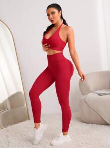 Easithlete 2入組羅紋無縫高彈力瑜伽套裝競技套裝套裝吊脖胸罩和緊身打底褲 - 紅色 - 查看 4
