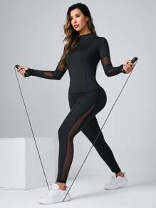 Easithlete Contrast Mesh Sports Tee & Mesh Sports Tee & Leggings Workout Women Set - Black - View 3