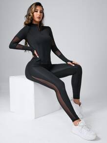 Easithlete Contrast Mesh Sports Tee & Mesh Sports Tee & Leggings Workout Women Set - Black - View 1