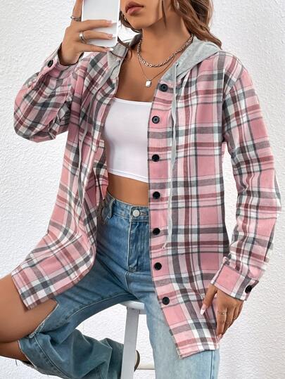 SHEIN Plaid Print Drawstring Hooded Shirt