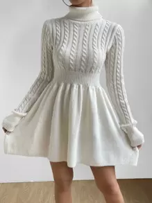 SHEIN Privé Cable Knit Turtleneck Jumper Dress - White - View 1