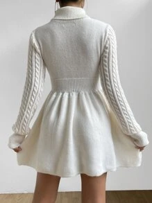 SHEIN Privé Cable Knit Turtleneck Jumper Dress - White - View 2