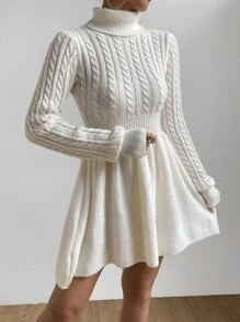 SHEIN Privé Cable Knit Turtleneck Jumper Dress - White - View 3