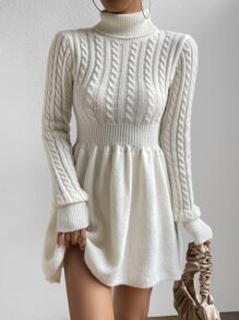 SHEIN Privé Cable Knit Turtleneck Jumper Dress - White - View 4