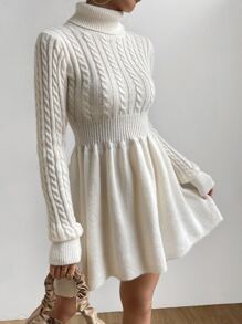 SHEIN Privé Cable Knit Turtleneck Jumper Dress - White - View 5