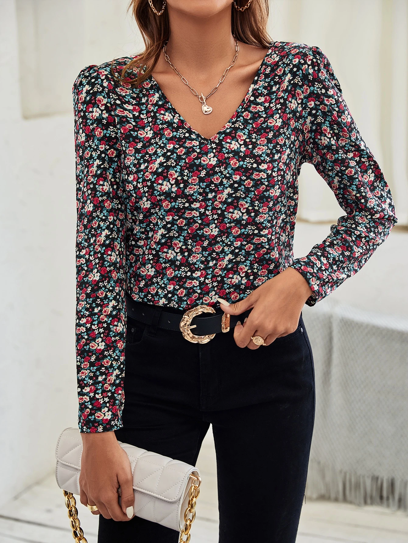 SweatyRocks Damen Bluse Langarm Mit Blümchenmuster – Chiffon, Stehkragen, Elegant Für Büro & Freizeit