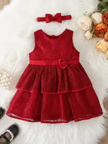 Baby Bow Front Layer Hem Lace Dress With Headband - Burgundy - View 1