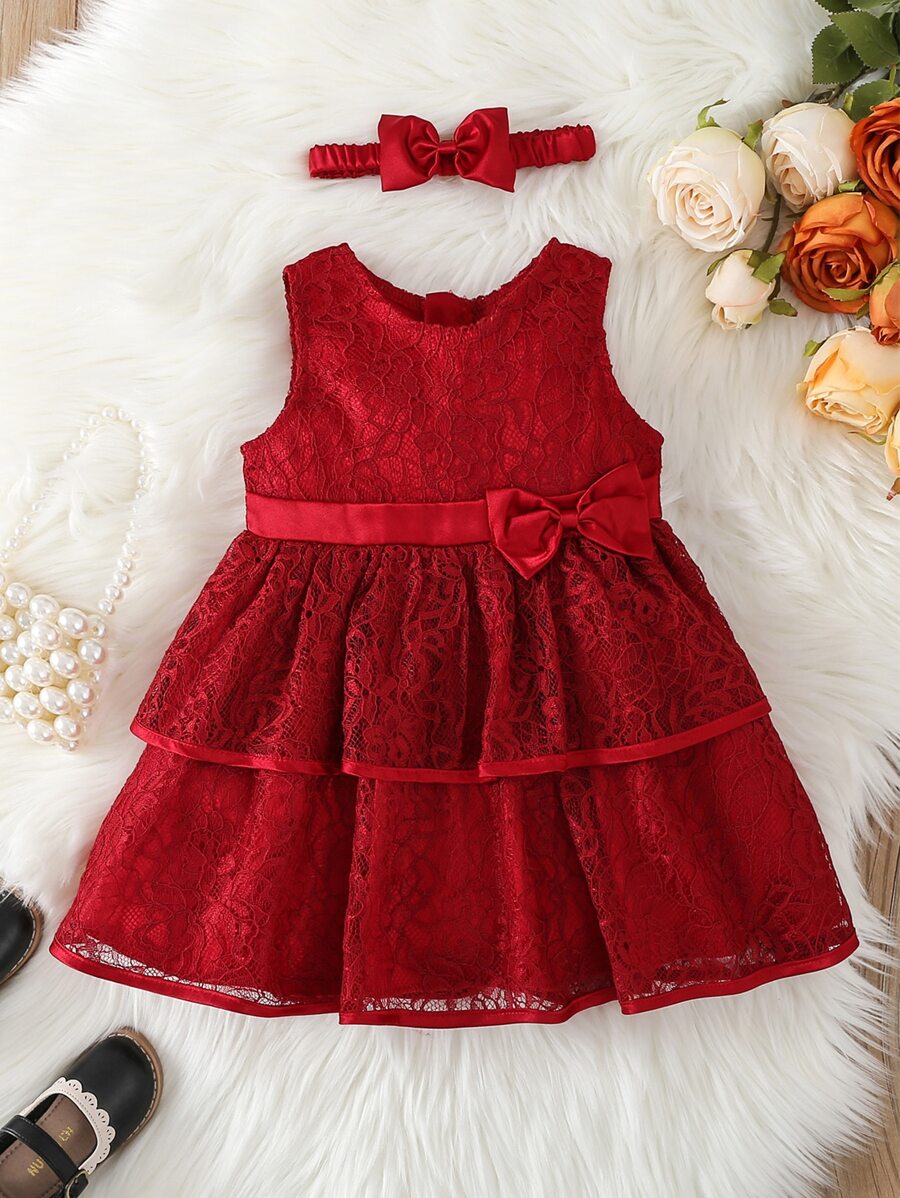 Baby Bow Front Layer Hem Lace Dress With Headband - Burgundy - View 1