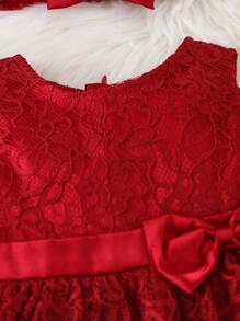 Baby Bow Front Layer Hem Lace Dress With Headband - Burgundy - View 4