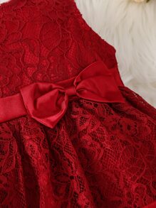 Baby Bow Front Layer Hem Lace Dress With Headband - Burgundy - View 5