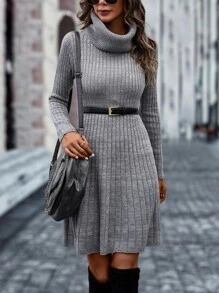 Chiquease Vestido de punto cuello alto tejido de canalé sin cinturón - Gris - Ver 3