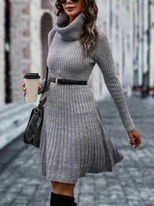 Chiquease Vestido de punto cuello alto tejido de canalé sin cinturón - Gris - Ver 5