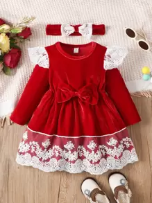 Baby Contrast Lace Ruffle Trim Bow Front Party Dress With Headband - Burgundy - View 1