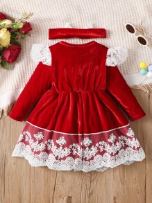 Baby Contrast Lace Ruffle Trim Bow Front Party Dress With Headband - Burgundy - View 2