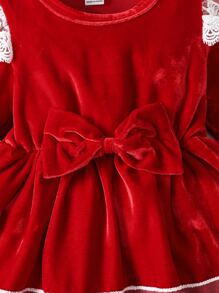 Baby Contrast Lace Ruffle Trim Bow Front Party Dress With Headband - Burgundy - View 3