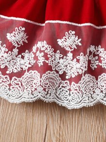 Baby Contrast Lace Ruffle Trim Bow Front Party Dress With Headband - Burgundy - View 4