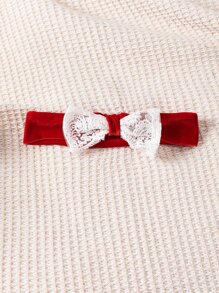 Baby Contrast Lace Ruffle Trim Bow Front Party Dress With Headband - Burgundy - View 6