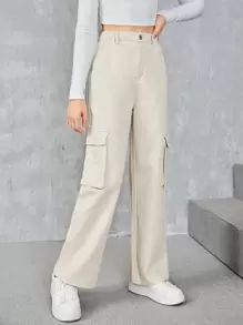 SHEIN Teen Girls Flap Pocket Wide Leg Jeans - Beige - View 6