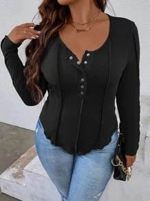 SHEIN LUNE Camiseta ribete en forma de lechuga con botón - Negro - Ver 1