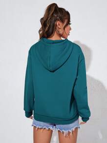 SHEIN Unity Kangaroo Pocket Thermal Lined Drawstring Hoodie - Teal Blue - View 2