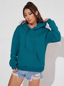 SHEIN Unity Kangaroo Pocket Thermal Lined Drawstring Hoodie - Teal Blue - View 3