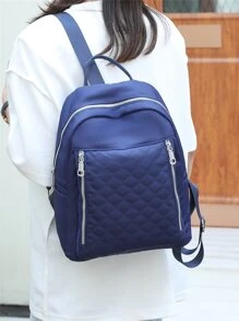 絎縫正面拉鍊功能背包書包，適合畢業生、青少年女孩、新生、大二、大三和大四學生、大學和高中，非常適合戶外、旅行和返校 - 藍色 - 查看 1