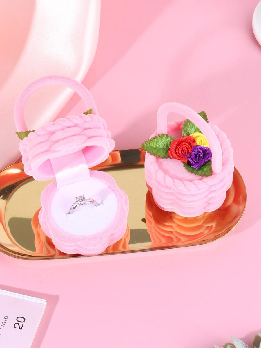 1pc New Cute Floral Basket Shaped Engagement Ring Box Wedding Jewelry Case - Pink - View 1