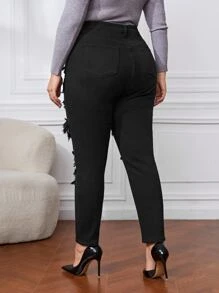 Jeans ajustados de talle alto con abertura desgarro crudo - Negro - Ver 2