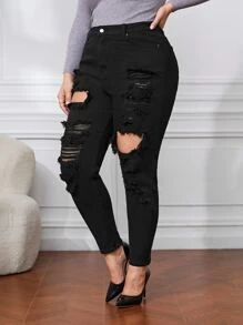 Jeans ajustados de talle alto con abertura desgarro crudo - Negro - Ver 4