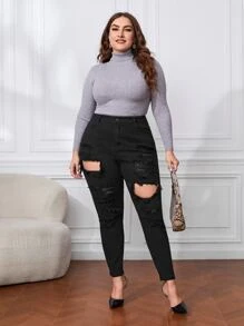 Jeans ajustados de talle alto con abertura desgarro crudo - Negro - Ver 5