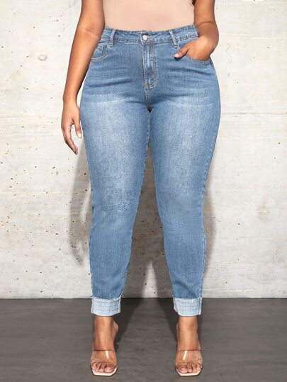 Plus High Waist Raw Cut Skinny Jeans