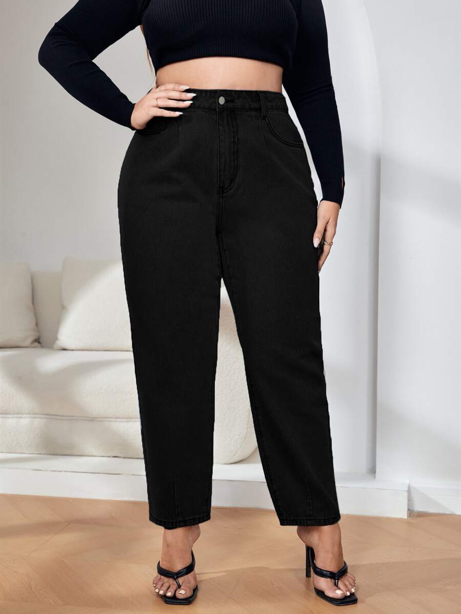 Plus High Waist Mom Fit Jeans - Black - View 1