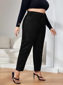 Plus High Waist Mom Fit Jeans - Black - View 5