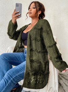 Calvaya Plus Drop Shoulder Pointelle Knit Duster Cardigan Fall Winter Cloth For Women - Army Green - View 1