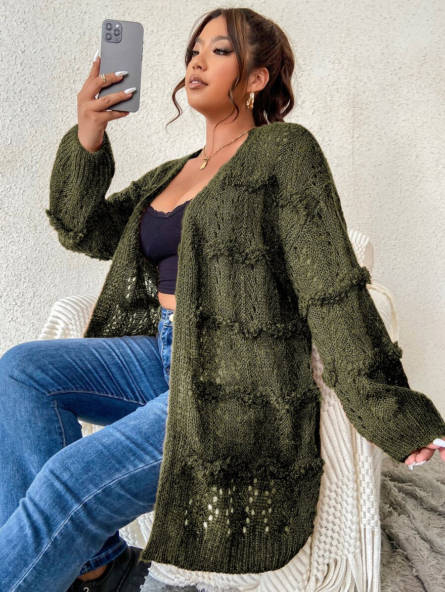 Calvaya Plus Drop Shoulder Pointelle Knit Duster Cardigan Fall Winter Cloth For Women - Army Green - View 1
