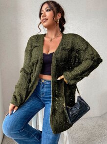 Calvaya Plus Drop Shoulder Pointelle Knit Duster Cardigan Fall Winter Cloth For Women - Army Green - View 3
