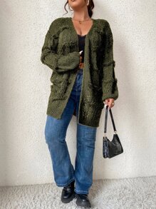 Calvaya Plus Drop Shoulder Pointelle Knit Duster Cardigan Fall Winter Cloth For Women - Army Green - View 5