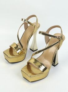 Metallic Snakeskin Embossed Platform Pyramid Heeled Ankle Strap Sandals - Gold - View 2