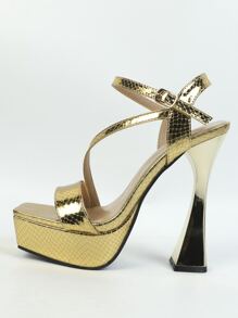 Metallic Snakeskin Embossed Platform Pyramid Heeled Ankle Strap Sandals - Gold - View 4