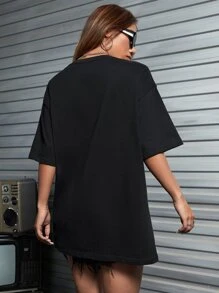 Jena998 Letter & Cartoon Graphic Drop Shoulder Oversize Tee - Black - View 3