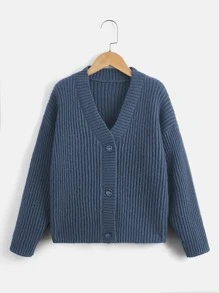 Boys Solid Drop Shoulder Cardigan - Navy Blue - View 1