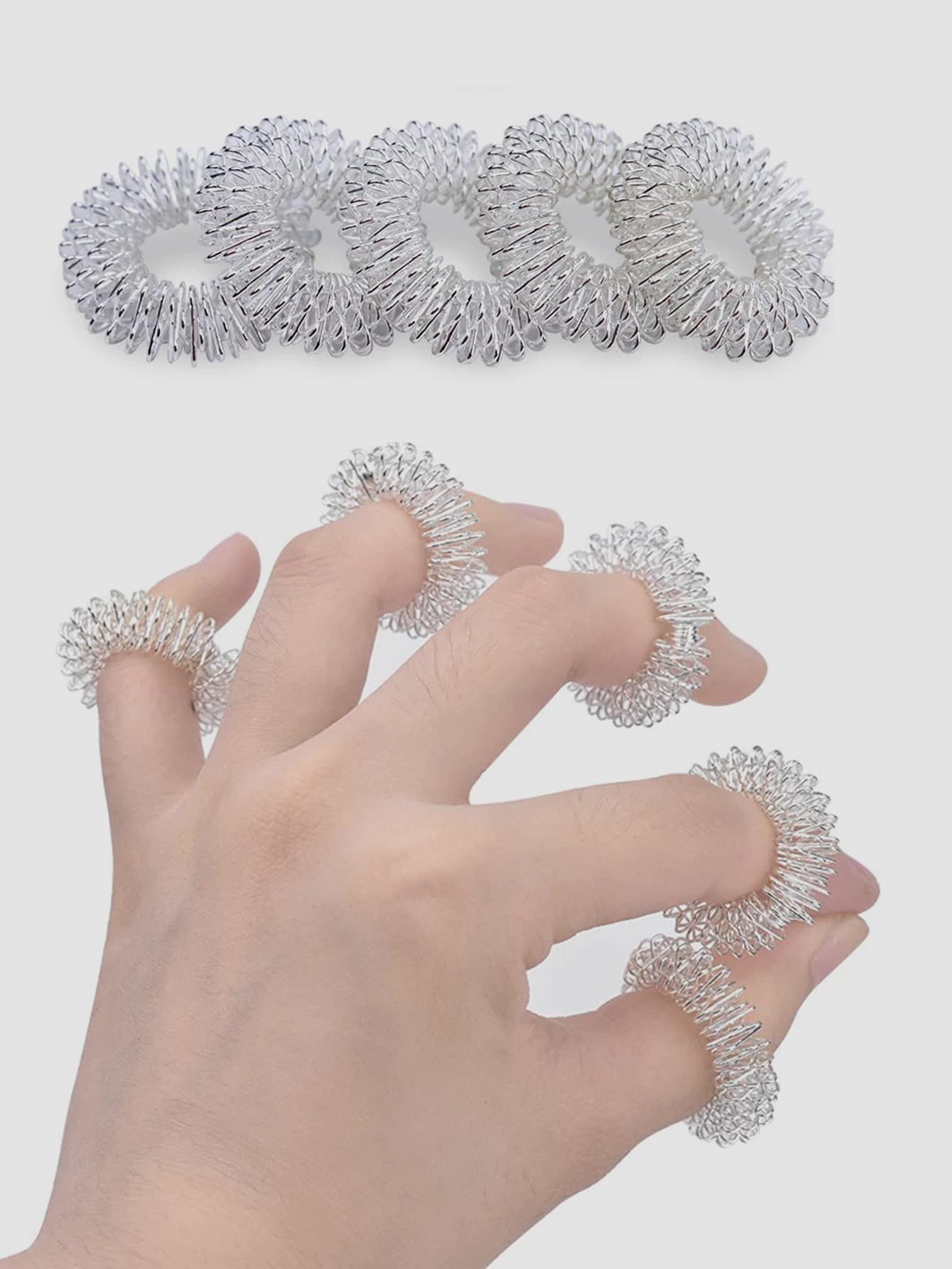 Anillo de masaje de dedo Herramienta de masaje de mano 5piezas Acero inoxidable Creativo unicolor Plata Diseño de resorte Anillo de acupresión de masaje de rodillo de dedo para mujeres Hombres Masaje de dedo - Plateado - Ver 1