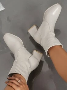 Minimalist Chunky Heeled Sock Boots - Beige - View 6