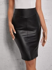 BizChic Black High-Waist PU Leather Stretch Solid Skirt For Office Ladies, Autumn/Winter