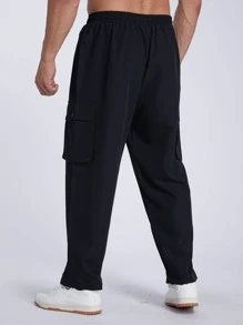 Manfinity Hombres Pantalones cargo con bolsillo con solapa de cintura con cordón - Negro - Ver 2