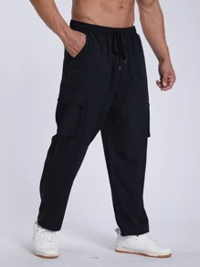 Manfinity Hombres Pantalones cargo con bolsillo con solapa de cintura con cordón - Negro - Ver 5