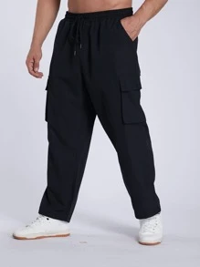 Manfinity Hombres Pantalones cargo con bolsillo con solapa de cintura con cordón - Negro - Ver 6