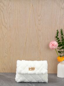 New Arrival Mini Plush Rhombic Grid Crossbody Bag, Versatile And Fashionable - White - View 1